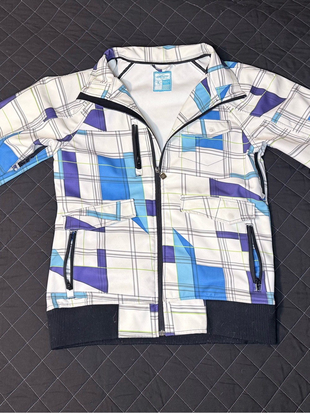 Empyre White Plaid Ski Jacket with Blue & Purple Accents